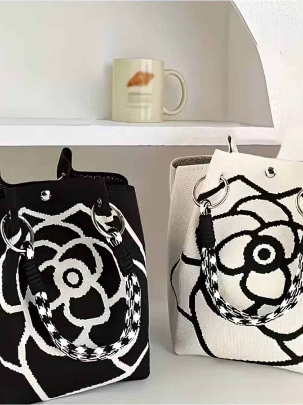 Black & White Floral Tote Bag with Braided Handles